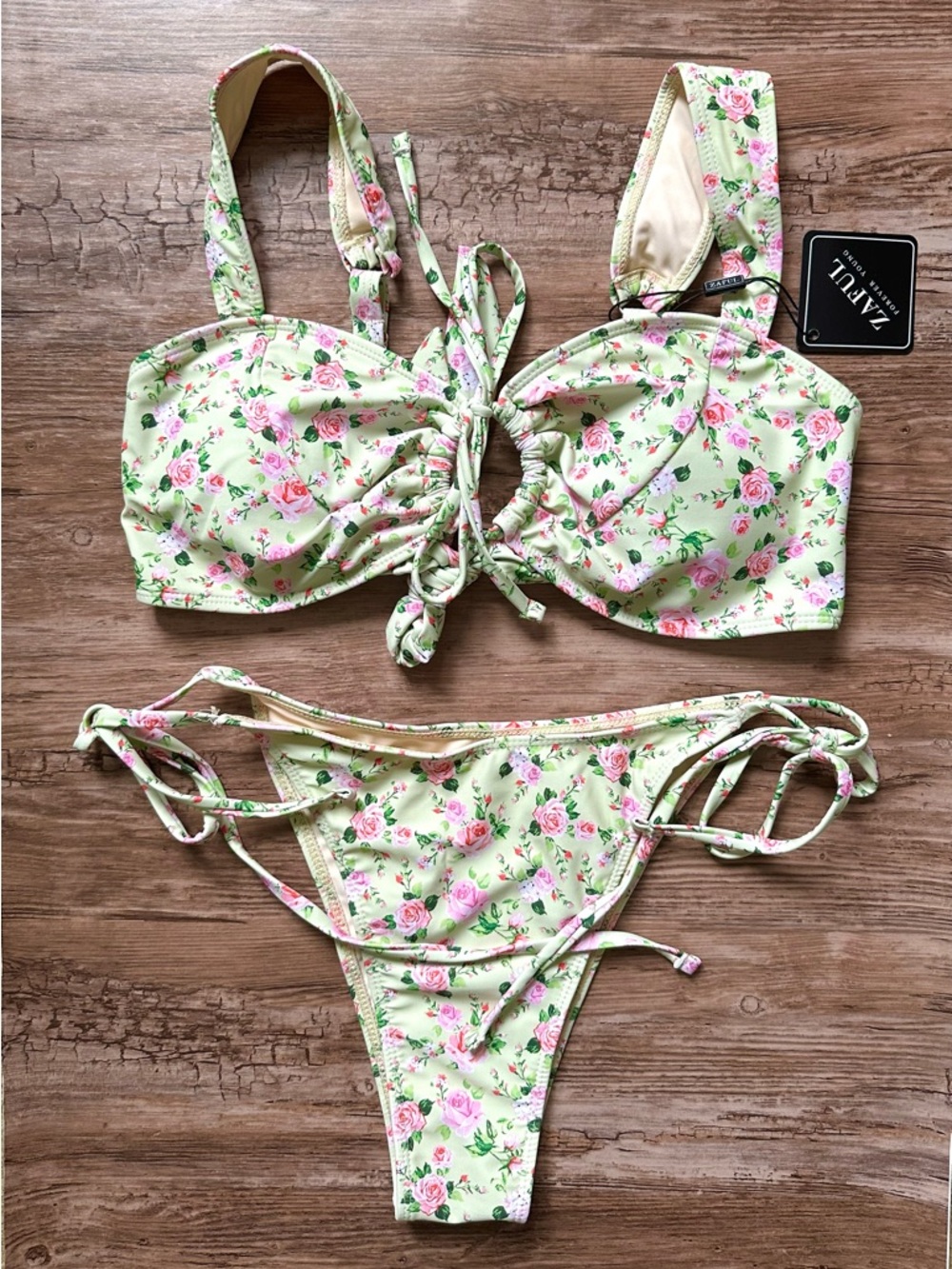 Floral Tie-Front Bikini Set in Light Green with Pink Rose Print - Size Large